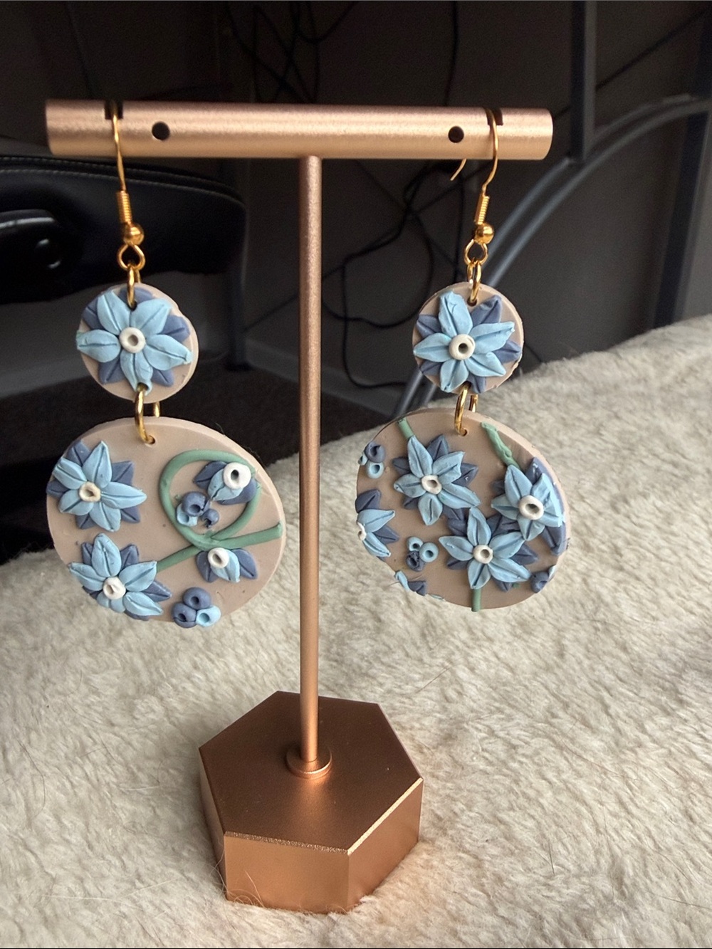 Blue Floral Drop Earrings with Gold-Tone Hooks